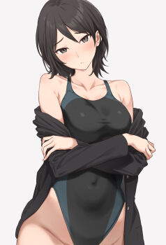 1girl amagami bare_shoulders black_cardigan black_eyes black_hair black_one-piece_swimsuit blush breasts cardigan collarbone commentary_request covered_navel head_tilt highleg highleg_one-piece_swimsuit highres large_breasts looking_at_viewer one-piece_swimsuit open_cardigan open_clothes serizawa_(serizawaroom) short_hair simple_background solo swimsuit takahashi_maya white_background