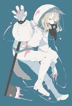 1girl axe blonde_hair blood blood_string blue_background commentary_request fake_claws from_side full_body gloves highres hood hood_up hoodie long_bangs long_sleeves looking_at_viewer medium_hair no_pupils nocopyrightgirl orange_eyes original pale_skin pants pink_blood plague_doctor_mask puffy_sleeves shirt shoes solo watch white_gloves white_hoodie white_pants white_shirt white_shoes wristwatch