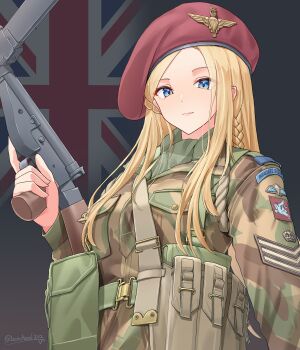 1girl absurdres ammunition_pouch artist_name belt beret blonde_hair braid closed_mouth commentary flag_background green_belt green_jacket green_scarf gun hat highres holding holding_gun holding_weapon invasion_of_normandy jacket leochan1202 military military_rank_insignia military_uniform original patch pouch red_hat scarf shoulder_patch smile solo sten_gun union_jack unit_patch weapon world_war_ii