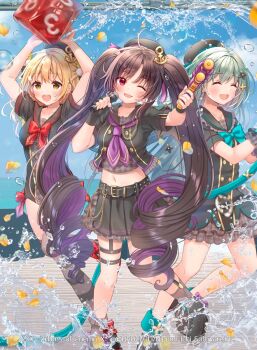 3girls ahoge aqua_bow aqua_bowtie arane_(z/x) bare_arms belt black_belt black_dress black_hair black_hat black_shirt black_shoes blonde_hair blue_skirt bow bowtie cana_(z/x) closed_eyes colored_inner_hair copyright_notice dice dress drill_hair enju_(z/x) green_hair hair_ornament hat holding holding_microphone holding_water_gun hose long_hair medium_hair microphone midriff multicolored_hair multiple_girls navel neckerchief official_art one_eye_closed open_mouth orange_pepper pom_pom_(clothes) pom_pom_hair_ornament purple_hair purple_neckerchief red_bow red_bowtie red_eyes serino_itsuki shirt shoes skirt splashing stage standing standing_on_one_leg striped_clothes teeth twin_drills upper_teeth_only vertical-striped_clothes water_gun yellow_eyes z/x