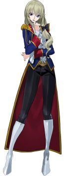 1girl blonde_hair blue_eyes boots code_geass code_geass:_boukoku_no_akito code_geass:_genesic_re;code epaulettes full_body hand_on_own_hip leila_malcal long_hair military military_uniform official_art open_clothes open_mouth standing white_boots