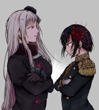 2girls aiguillette axis_powers_hetalia black_dress black_hair black_hat black_jacket breasts brown_gloves buttons closed_mouth commentary_request crossed_arms dress empty_eyes epaulettes flower frills fur_collar fur_hat genderswap genderswap_(mtf) gloves grey_background hachiware_(user_wwva4743) hair_flower hair_ornament half-closed_eyes hat jacket japan_(female)_(hetalia) japan_(hetalia) juliet_sleeves lips long_hair long_sleeves looking_at_another medium_breasts military military_jacket military_uniform mini_hat multiple_girls puffy_sleeves red_eyes red_flower russia_(female)_(hetalia) russia_(hetalia) short_hair sidelocks simple_background smile spider_lily upper_body white_gloves white_hair
