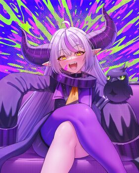 1girl absurdres bird bird_on_hand braid collar commentary couch crossed_legs crow_(la+_darknesss) demon_girl demon_horns english_commentary fang grey_hair highres hololive horns la+_darknesss long_hair metal_collar multicolored_hair open_mouth paint_splatter paint_splatter_on_face petite pietrosatou pointy_ears purple_hair purple_horns single_thighhigh sitting sleeves_past_fingers sleeves_past_wrists smile solo streaked_hair striped_horns thighhighs two-tone_hair very_long_hair virtual_youtuber yellow_eyes