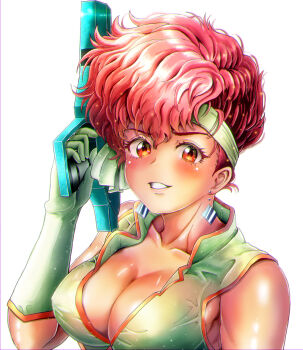 1girl absurdres bare_shoulders blush breasts cleavage collarbone commander_kei commentary_request dirty_pair earrings elbow_gloves energy_gun gloves headband highres holding holding_weapon jewelry kei_(dirty_pair) large_breasts lips looking_at_viewer medium_hair parted_lips red_eyes red_hair shiny_skin simple_background sleeveless smile solo tan tank_top upper_body weapon