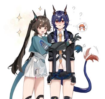? ancestor_and_descendant arknights arknights:_endfield bagpipe_(arknights) black_gloves black_hair black_shorts blue_hair blue_horns blue_tail blush ch&#039;en_(arknights) character_name chen_qianyu_(arknights) collared_shirt commentary cowboy_shot crossover dragon_girl dragon_horn dragon_horns dragon_tail dress gloves hair_between_eyes highres hill_chuchu horns long_hair long_sleeves looking_at_another looking_up motion_lines multicolored_tail necktie open_mouth orange_necktie parted_lips red_eyes shirt shorts sidelocks simple_background smile speech_bubble standing star_(symbol) sweat symbol-only_commentary tail teeth thought_bubble upper_teeth_only white_background white_shirt