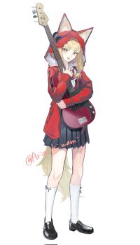 Rule 34 | 1girl, alternate costume, animal ears, arichi (ariarikiwami), arknights, arknights: endfield, black shoes, black skirt, blonde hair, bow, bowtie, corrupted twitter file, diagonal-striped bow, diagonal-striped bowtie, diagonal-striped clothes, ears through headwear, full body, guitar, highres, holding, holding guitar, holding instrument, hood, hood up, hooded jacket, instrument, jacket, long hair, looking at viewer, miniskirt, open mouth, pleated skirt, red bow, red bowtie, red jacket, rossi (arknights), shirt, shoes, signature, simple background, skirt, socks, solo, standing, striped bow, striped bowtie, striped clothes, tail, teeth, upper teeth only, watermark, watermark grid, white background, white shirt, white socks, wolf ears, wolf girl, wolf tail, yellow eyes