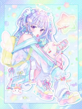 Rule 34 | 1girl, absurdres, bandaid, bandaid on knee, bandaid on leg, bare shoulders, blue shirt, blue shoes, blush, cellphone, closed mouth, commentary request, dot nose, flip phone, full body, halo, highres, holding, holding phone, knees up, kousagi, lollipop in mouth, long hair, long sleeves, looking at viewer, loose socks, melting halo, original, outline, phone, pleated skirt, purple eyes, purple hair, shirt, shoes, signature, sitting, skirt, sneakers, socks, solo, star (symbol), two side up, white halo, white outline, white skirt, white socks