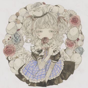 1girl acrylic_paint_(medium) angel_wings apron beret black_skirt blonde_hair blue_apron blue_flower blue_rose blunt_bangs blush bow chrysanthemum closed_mouth collar commentary_request curly_hair dress egg expressionless flower frilled_collar frills gloves hair_bow hair_ribbon half-closed_eyes hat highres holding holding_flower karintoun looking_at_viewer medium_hair neck_ribbon original painting_(medium) pale_skin puffy_short_sleeves puffy_sleeves red_flower red_rose ribbon rose short_sleeves signature skirt solo straight-on traditional_media twintails upper_body watercolor_(medium) white_background wings wreath