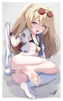 1girl absurdres anal anal_beads anal_object_insertion anal_tail anus azur_lane bache_(azur_lane) bache_(gorgeous_speed-star)_(azur_lane) barefoot bikini bikini_top_lift bikini_top_only black_bikini blonde_hair blush boppin border bottomless bracelet breasts butt_plug cleft_of_venus clothes_lift commentary cropped_jacket dot_nose eyewear_on_head fake_tail fang feet female_focus full_body grey_background hair_between_eyes heart heart-shaped_pupils highres jacket jewelry loli long_hair looking_at_viewer lying nipples no_shoes nose_blush object_insertion official_alternate_costume on_side open_clothes open_jacket open_mouth outside_border over-rim_eyewear purple_eyes pussy rabbit_tail red-tinted_eyewear semi-rimless_eyewear sex_toy short_sleeves single_thighhigh small_breasts soles solo swimsuit symbol-shaped_pupils tail thick_eyebrows thighhighs tinted_eyewear toes two_side_up uncensored unworn_thighhighs white_border white_jacket white_thighhighs yellow_pupils