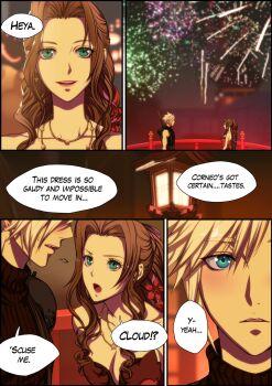 aerith_gainsborough aerith_gainsborough_(red_dress) bare_shoulders blonde_hair blue_eyes blush breasts bridge cleavage cloud_strife dress english_text final_fantasy final_fantasy_vii final_fantasy_vii_remake fireworks flamenco_dress flower green_eyes hair_flower hair_ornament halu-ca highres lantern long_hair looking_at_another medium_breasts multiple_necklaces official_alternate_costume open_mouth parted_bangs parted_lips ponytail red_dress red_flower ringlets sequential short_hair sidelocks smile speech_bubble spiked_hair square_enix strapless strapless_dress sweatdrop upper_body wall_market