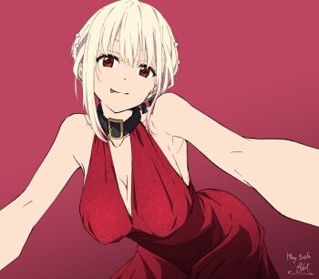1girl :p black_collar blonde_hair breasts cleavage collar commentary_request dated dress gradient_background hair_ornament highres large_breasts looking_at_viewer lycoris_recoil naughty_face nii_manabu nishikigi_chisato red_background red_dress red_eyes short_hair signature sleeveless sleeveless_dress solo tongue tongue_out