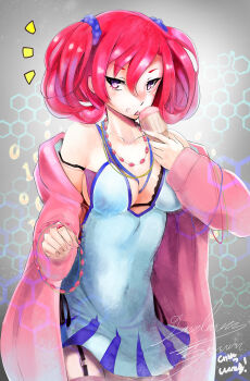 1girl bad_id bad_pixiv_id bare_shoulders black_bra blue_camisole blue_eyes bra breasts camisole cleavage collarbone cowboy_shot digimon digimon_story:_cyber_sleuth garter_straps grey_background highres holding holding_ice_cream_cone ice_cream_cone jacket large_breasts missing_commentary pink_jacket red_hair shiramine_nokia signature simple_background solo tongue tongue_out torriet twintails underwear