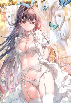 1girl absurdres between_breasts bra breasts brown_eyes brown_hair bug butterfly carousel fingernails flower garter_belt garter_straps hair_ornament hairband hand_up highres horse insect looking_at_viewer medium_breasts miwabe_sakura nail_polish navel open_clothes original panties parted_lips petals scan stomach thighhighs thighs underwear white_bra white_panties
