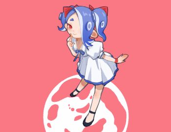 1girl alternate_costume bow closed_mouth commentary_request dress hair_bow hair_over_one_eye highres leaning_forward looking_at_viewer multiple_hair_bows nintendo octoling pink_background puffy_short_sleeves puffy_sleeves red_bow red_eyes shiver_(splatoon) short_eyebrows short_sleeves smile solo splatoon_(series) standing thick_eyebrows twintails white_dress yuyumo296809