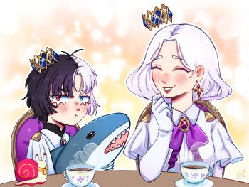 2girls absurdres black_hair blue_eyes blush chair closed_eyes closed_mouth commentary crown cup drink earrings elbow_gloves english_commentary eyelashes gin_penrose glint gloves heterochromia highres holding holding_stuffed_toy chromashift ikea_shark jewelry lipstick lucinda_grey makeup mother_and_daughter multicolored_hair multiple_girls outline plate pout red_eyes red_lips rin_penrose scarf short_hair sitting smile snail snebby_(rin_penrose) split-color_hair stream stuffed_animal stuffed_shark stuffed_toy table tea teacup two-tone_hair virtual_youtuber white_gloves white_hair white_outline yellow_scarf