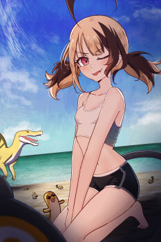 1girl ;p ahoge beach black_shorts blonde_hair blue_sky breasts brown_hair camisole cd_usr commentary crop_top day dinosaur english_commentary fangs gigi_murin grem_(gigi_murin) highres hololive hololive_english huge_ahoge multicolored_hair navel one_eye_closed outdoors pink_eyes prehistoric_animal sand seiza shorts sitting sky small_breasts spinosaurus tail tongue tongue_out twintails two-tone_hair virtual_youtuber white_camisole