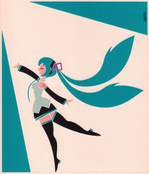 1girl absurdly_long_hair absurdres aqua_hair aqua_necktie arm_tattoo arm_up art_deco artist_name black_boots black_skirt black_sleeves boots closed_eyes commentary detached_sleeves english_commentary from_side grey_shirt hatsune_miku highres lockster2c02 long_hair necktie open_mouth profile shirt skirt sleeveless sleeveless_shirt solo spotlight standing standing_on_one_leg tattoo thigh_boots tiptoes twintails very_long_hair vocaloid