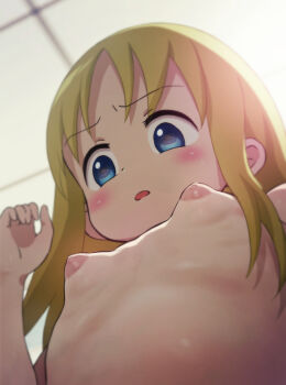 1girl ana_coppola arm_up blonde_hair blue_eyes blush breasts commentary_request female_focus from_below highres ichigo_mashimaro loli long_hair looking_down nipples nude poruserin puffy_nipples small_breasts solo underboob upper_body