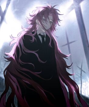 Rule 34 | 1boy, black jacket, black necktie, chinese commentary, closed mouth, collared shirt, commentary request, film grain, from behind, graveyard, hatsutori hajime, jacket, long hair, luomushen, male focus, necktie, pink eyes, pink hair, saibou shinkyoku, shirt, solo, upper body, very long hair, white shirt, wing collar