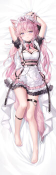 1girl ahoge animal_ears apron barefoot bed_sheet blush breasts character_name cleavage cleavage_cutout clothing_cutout commentary_request dakimakura_(medium) frilled_skirt frilled_sleeves frills hakui_koyori hakui_koyori_(dark_maid) highres hololive large_breasts long_hair looking_at_viewer lying maid maid_apron maid_headdress official_alternate_costume on_back pink_hair puffy_short_sleeves puffy_sleeves purple_nails short_sleeves sidelocks skirt tail tongue tongue_out twintails virtual_youtuber wolf_ears wolf_tail zi_yue_liuli