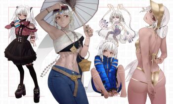 1girl :o alien altera_(fate) arms_up ass bare_arms barefoot bikini black_nails black_skirt blue_jacket body_markings border bottomless closed_mouth collar commentary_request dark-skinned_female dark_skin denim detached_sleeves earrings eyewear_on_head fate/extella fate/extra fate/grand_order fate_(series) full_body gold_bikini head_tilt high-waist_skirt high_collar highres holding holding_phone holding_umbrella i-pan jacket jeans jewelry lolita_fashion long_sleeves looking_at_viewer looking_to_the_side mask mask_pull mouth_mask multi-strapped_bikini_bottom multiple_views navel necklace pants phone platform_heels sash sefar shirt sideways_glance single-shoulder_shirt single_bare_shoulder single_detached_sleeve skirt sunglasses swimsuit tongue tongue_out triangle_mouth umbrella v visor_cap