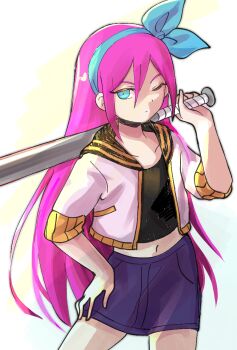 1girl aubrey_(faraway)_(omori) aubrey_(omori) baseball_bat blue_eyes blue_hairband blue_skirt closed_mouth commentary_request crop_top denim denim_skirt double-parted_bangs hair_between_eyes hairband hand_on_own_hip holding holding_baseball_bat jacket long_hair looking_at_viewer navel omori one_eye_closed open_clothes open_jacket pink_hair rasu_(pixiv9799832) short-sleeved_jacket short_sleeves sidelocks skirt solo white_background white_jacket