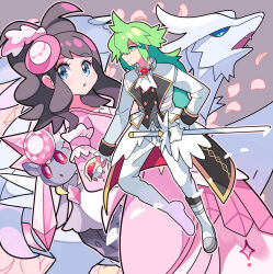 1boy 1girl :o ascot blue_eyes boots brown_hair buttons closed_mouth coat commentary_request diancie dress eyelashes flower gen_5_pokemon gen_6_pokemon green_eyes green_hair hat highres hilda_(pokemon) hilda_(special_costume)_(pokemon) holding legendary_pokemon long_hair mini_hat mythical_pokemon n_(anniversary_2021)_(pokemon) n_(pokemon) nintendo official_alternate_costume open_clothes open_coat outline pants parted_lips pink_dress pokemon pokemon_(creature) pokemon_masters_ex red_flower reshiram sidelocks stchame vest white_ascot white_coat white_footwear white_pants