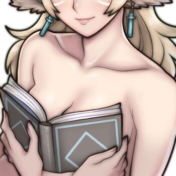1girl animal_ears blonde_hair boobs_in_book_(meme) book breasts earrings eyes_out_of_frame facial_mark facing_viewer head_out_of_frame holding holding_book jewelry long_hair meme neilnail_(xenoblade) open_book rotomdocs simple_background small_breasts smile solo upper_body white_background xenoblade_chronicles_(series) xenoblade_chronicles_x