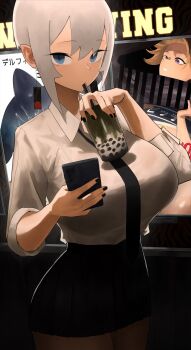 1girl bar_censor black_bra black_nails black_necktie blue_eyes bob_cut bra bra_visible_through_clothes breasts bubble_tea censored collared_shirt drinking_straw drinking_straw_in_mouth earrings elena_(hazuki_kazue) eyeliner furrowed_brow hair_between_eyes hazuki_kazue highres holding holding_phone huge_breasts inverted_bob jewelry looking_at_viewer makeup microskirt necktie original phone pleated_skirt pointy_ears poster_(object) shirt shirt_tucked_in short_hair sidelocks skirt slit_pupils solo underwear white_hair white_shirt