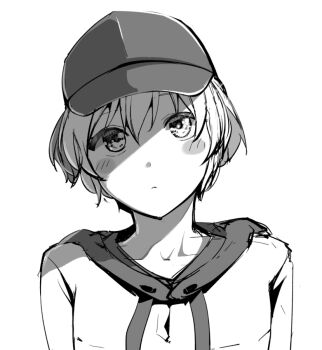 Rule 34 | 1girl, baseball cap, blush stickers, closed mouth, commentary request, expressionless, greyscale, hat, looking at viewer, monochrome, original, sadahiro (chicken nugget gyuuniku aji), shirt, short hair, simple background, sleeveless, sleeveless shirt, solo, upper body