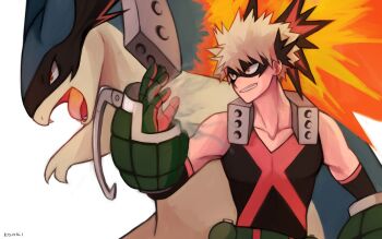 1boy bakugou_katsuki blonde_hair boku_no_hero_academia collarbone commentary commentary_request crossover english_commentary fire gen_2_pokemon grin highres kookirani male_focus mask mixed-language_commentary nintendo open_mouth pokemon pokemon_(creature) red_eyes short_hair simple_background smile smoke solo spiked_hair typhlosion