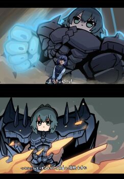 2girls antenna_hair black_skirt black_vest blue_eyes blue_hair clenched_hands commentary_request gakuen_idolmaster green_eyes green_hair hair_between_eyes hataya_misuzu idolmaster kawamochi_(kawauti919) long_sleeves multiple_girls obelisk_the_tormentor parody pleated_skirt puffy_long_sleeves puffy_sleeves scene_reference shirt skirt translation_request tsukimura_temari vest white_shirt yu-gi-oh!