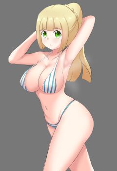 1girl aged_up armpits arms_behind_head arms_up bikini blonde_hair blue_bikini breasts collarbone eyebrows_hidden_by_hair feet_out_of_frame female_focus from_side green_eyes grey_background large_breasts legs lillie_(pokemon) long_hair looking_at_viewer looking_to_the_side multicolored_bikini navel nintendo parted_lips pokemon pokemon_sun_and_moon ponytail sideways_glance simple_background solo standing striped_bikini striped_clothes swimsuit thighs thong_bikini two-tone_bikini vertical-striped_bikini vertical-striped_clothes walking white_bikini wide_hips yami_45612