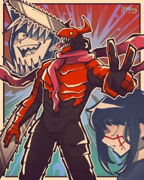 1boy 1girl absurdres akaiguarts black_hair chainsaw chainsaw_devil chainsaw_man collared_shirt denji_(chainsaw_man) facing_to_the_side highres horns intestine_clothing intestines long_hair open_mouth organs pull_cord ringed_eyes scarf sharp_teeth shirt simple_background teeth weapon white_shirt yoru_(chainsaw_man)