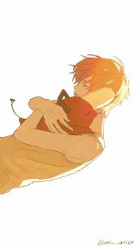 1boy bare_shoulders blonde_hair chainsaw_man closed_eyes colored_skin creature denji_(chainsaw_man) grey_tank_top hair_between_eyes highres hug light_smile male_focus orange_skin parted_lips pochita_(chainsaw_man) short_hair tank_top twitter_username uni_(uni_unico) upper_body white_background