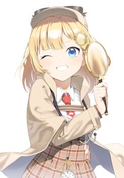 Rule 34 | 1girl, 9nojo, blonde hair, blue eyes, capelet, commentary, grin, hair ornament, hand on own hip, highres, hololive, hololive english, long sleeves, looking at viewer, magnifying glass, necktie, one eye closed, pocket watch, red necktie, simple background, smile, solo, upper body, virtual youtuber, watch, watson amelia, watson amelia (1st costume), white background