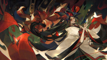 1girl baichuan_baichuan blue_flower brown_hair bug butterfly butterfly_hair_ornament closed_mouth cowboy_shot floating_hair flower hair_ornament highres insect japanese_clothes kimono layered_sleeves lips long_hair long_sleeves looking_at_viewer obi open_hands original red_butterfly red_eyes red_lips sash solo white_kimono wide_sleeves