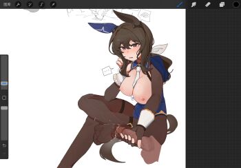 ... 1boy 1girl admire_vega_(starry_nocturne)_(umamusume) admire_vega_(umamusume) animal_ears art_program_in_frame between_breasts breasts breasts_out brown_hair brown_pantyhose crossed_legs cum cum_on_body cum_on_feet ear_covers fingerless_gloves footjob gloves handjob highres horse_ears horse_girl horse_tail large_breasts long_hair necktie necktie_between_breasts nipples no_shoes pantyhose red_eyes single_ear_cover spoken_ellipsis tail tr1logy umamusume