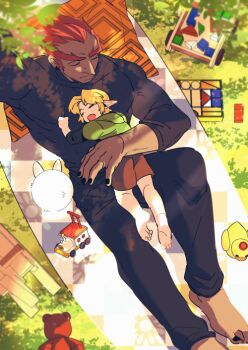 2boys age_difference alternate_costume arm_around_waist arm_behind_head arm_up barefoot bird black_nails black_pants black_shirt blonde_hair brown_shorts child closed_eyes clothes_grab commentary_request contemporary dappled_sunlight dark-skinned_male dark_skin day duck earrings foliage full_body ganondorf grass green_hoodie hair_slicked_back hood hoodie hoop_earrings jewelry knee_up link long_sleeves lying male_focus multiple_boys muscular muscular_male navi nintendo on_back on_pillow open_mouth outdoors pants picnic_blanket pointy_ears rani_grb red_hair shirt short_hair shorts size_difference sleeping stuffed_animal stuffed_toy sunlight teddy_bear the_legend_of_zelda the_legend_of_zelda:_ocarina_of_time tight_clothes toy toy_block toy_train young_link
