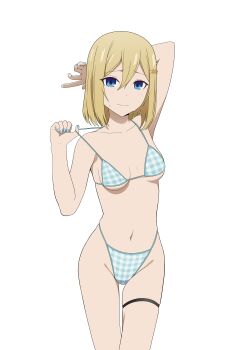 1girl absurdres bikini blonde_hair blue_bikini blue_eyes blue_nails breasts coro_fae hayasaka_ai highres kaguya-sama_wa_kokurasetai_~tensai-tachi_no_renai_zunousen~ looking_at_viewer navel plaid_bikini plaid_clothes simple_background small_breasts solo sweat swimsuit thigh_strap white_background