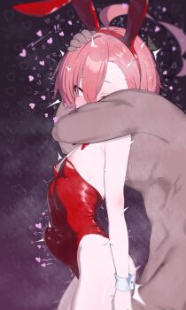 1boy 1girl absurdres animal_ears asphyxiation blue_archive braid fake_animal_ears flat_chest hetero highres loli neru_(blue_archive) neru_(bunny)_(blue_archive) playboy_bunny rabbit_ears red_eyes red_hair sex sex_from_behind single_braid solo_focus stomach_bulge tai_mian_meng_meng