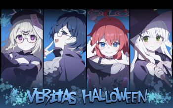 4girls blue_archive blue_eyes blue_hair breasts chihiro_(blue_archive) claw_pose closed_mouth collarbone commentary_request fang glasses green_eyes grey_hair group_name halloween halo hare_(blue_archive) hat highres jiangshi kotama_(blue_archive) long_hair looking_at_viewer maki_(blue_archive) medium_breasts mochigome_(ununquadium) multiple_girls object_through_head open_mouth outstretched_arms purple_eyes red_hair screw_in_head semi-rimless_eyewear smile stitched_face stitches vampire veritas_(blue_archive) witch_hat zombie_pose