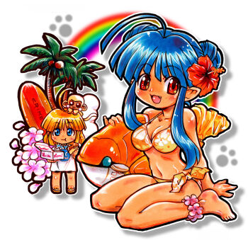 2girls :t ahoge animal animal_on_head barefoot bikini blonde_hair blue_eyes blue_flower breasts celia_hasselberg chibi chibi_only cleavage coconut coconut_tree commentary crime_crackers double_bun eating enkuu_(crime_crackers) fang feet floral_print floral_print_bikini flower flower_anklet flower_necklace food hair_bun hair_flower hair_ornament hibiscus highres holding holding_food inflatable_toy jewelry kokomahi long_sidelocks looking_at_viewer medium_breasts monkey multiple_girls necklace on_head orange_bikini palm_tree paw_print pink_flower pink_petals pointy_ears print_bikini rainbow red_eyes red_flower sandals shirt short_hair side-tie_bikini_bottom sidelocks sitting standing star_(symbol) star_in_eye summer surfboard swimsuit symbol_in_eye thighs tree wariza wendy_wilkinson white_shirt wing_covers wings