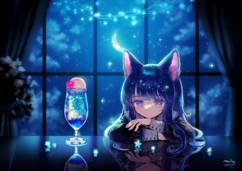 1girl animal_ears arms_on_table black_hair black_shirt bright_pupils cat_ears cat_girl cherry closed_mouth cloud crescent_moon cup curtains drinking_glass expressionless food fruit head_rest ice ice_cream ice_cream_float ice_cube long_hair looking_at_viewer mariko_(leda) moon night original plant purple_eyes reflection reflective_table sailor_collar sailor_shirt shirt sleeve_cuffs solo star_(sky) star_(symbol) string_lights upper_body white_pupils