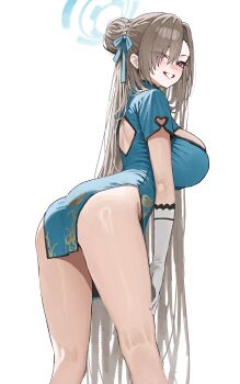 Rule 34 | 1girl, absurdres, alternate costume, ass, asuna (blue archive), back cutout, blue archive, blue dress, blue eyes, blue halo, blue ribbon, blush, breasts, brown hair, clothing cutout, commentary, dress, elbow gloves, eyes visible through hair, feet out of frame, from behind, gloves, hair over one eye, hair ribbon, halo, highres, huge breasts, kono (xerondan321), leaning forward, long hair, looking at viewer, looking back, ribbon, short sleeves, simple background, smile, solo, standing, thighs, untranslatable commentary, white background, white gloves