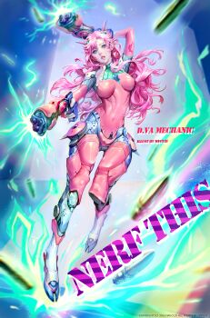 10s 1girl 2016 absurdres alternate_color alternate_costume alternate_eye_color alternate_hair_color ammunition android animal_print arm_behind_head arm_up armor artist_name blue_eyes bodysuit boots breasts breasts_apart character_name commentary covered_navel d.va_(overwatch) dated dual_wielding facepaint facial_mark female_focus finger_on_trigger full_body gloves gun handgun headgear highres holding holding_gun holding_weapon knee_pads lips lipstick long_hair long_sleeves looking_at_viewer makeup mecha_pilot_suit mechanization medium_breasts meka_(overwatch) mucuzi overwatch overwatch_1 parted_lips pauldrons personification pink_hair pink_lips rabbit_print ribbed_bodysuit shells shoulder_armor shoulder_pads skin_tight solo turtleneck weapon whisker_markings white_gloves