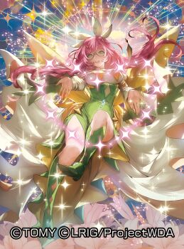 1girl black-framed_eyewear boots copyright_notice dress flower glasses green_boots green_dress green_eyes hair_ornament hairpin long_hair looking_at_viewer mama_(wixoss) moreshan official_art open_mouth outstretched_arms pink_hair smile solo thigh_boots upper_body very_long_hair wixoss