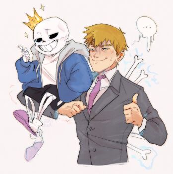 ... 2boys anger_vein artist_name black_eyes black_sclera black_shorts blonde_hair blue_hoodie bone buttons closed_mouth collared_shirt colored_sclera commentary crossover crown english_commentary formal_clothes grey_jacket hair_between_eyes half-closed_eyes hand_in_pocket hand_up hands_up highres hood hoodie jacket lapels long_sleeves looking_afar looking_to_the_side male_focus mob_psycho_100 monster_boy multiple_boys necktie open_clothes open_hoodie pocket puffy_long_sleeves puffy_sleeves purple_footwear purple_necktie reigen_arataka rorokonaa sans_(undertale) shirt short_hair shorts simple_background sitting skeletal_arm skeletal_hand slippers smile sparkle speech_bubble spoken_ellipsis standing suit sweatdrop t-shirt tearing_up teeth thumbs_up undertale utdr_(toby_fox) v-shaped_eyebrows white_background white_eyes white_shirt