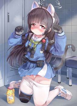 1girl absurdres ahoge anal anal_beads anal_object_insertion anal_tail animal_ear_hairband animal_ears aq_gohan ascot bar_censor bench binoculars black_gloves black_hair blue_archive blue_shirt blue_skirt blush bottle butt_plug cat_ear_hairband cat_ears cat_tail censored clothes_pull earpiece fake_animal_ears fake_tail female_focus full_body gloves green_ascot hairband heart heart-shaped_pupils highres indoors knee_pads kneeling locker locker_room loli long_hair looking_at_viewer miyu_(blue_archive) no_panties object_insertion pantyhose pantyhose_pull pleated_skirt pussy red_eyes sailor_collar school_uniform serafuku sex_toy shirt shoes sidelocks single_knee_pad skirt sneakers solo sweat symbol-shaped_pupils tail tile_wall tiles very_long_hair white_pantyhose white_sailor_collar white_shoes