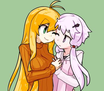 Rule 34 | 2girls, ahoge, blonde hair, cheek-to-cheek, commentary request, green background, green eyes, hair ornament, heads together, highres, hood, hood down, long hair, multiple girls, one eye closed, orange sweater, peru co, purple eyes, purple hair, ribbed sweater, simple background, sweater, tsurumaki maki, voiceroid, yuri, yuzuki yukari
